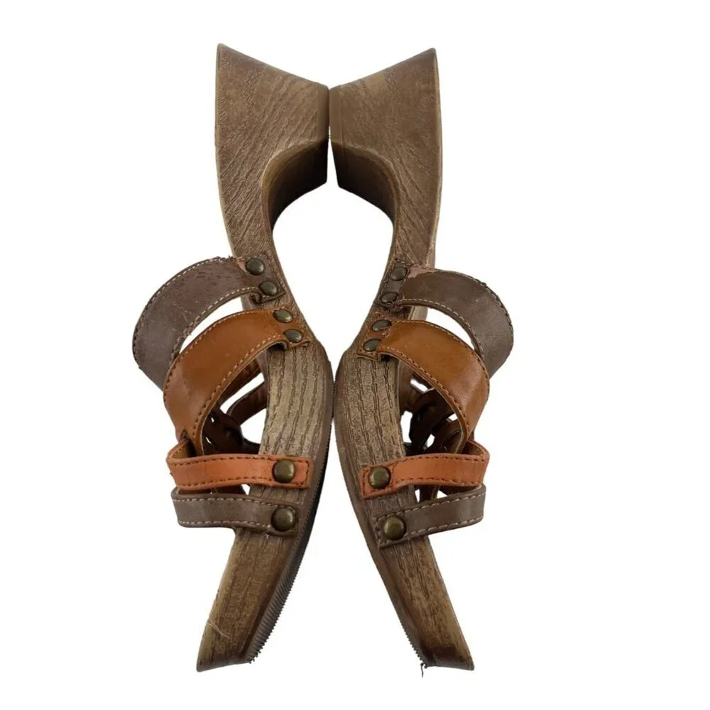 X-Appeal Women’s Wooden Slip On Sandals Brown Scrappy Leather Sage Size‎ 8 y2k